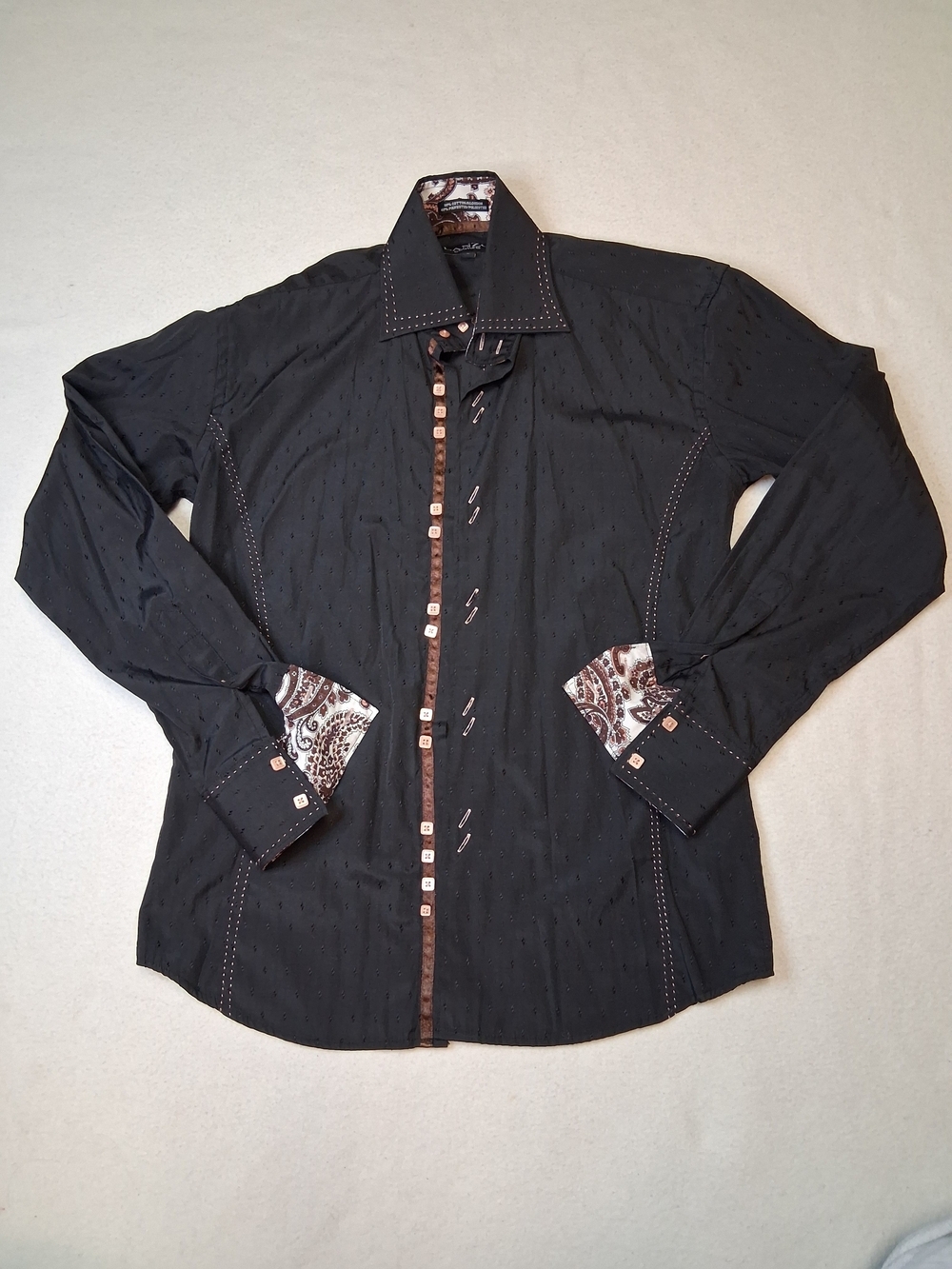 LANZO Women’s Black Button-Down Shirt with Paisley Trim